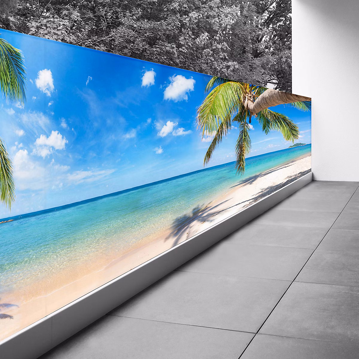 Brise vue Trompe l'oeil – 110 × 467 cm | Plage mer palmiers 3617689695297