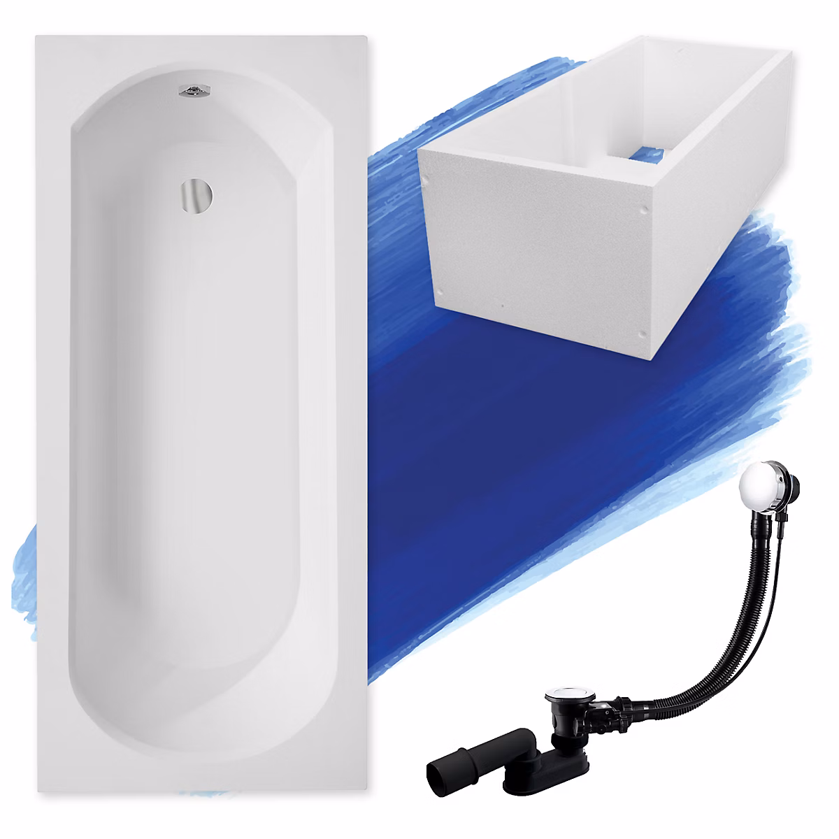 Baignoire rectangulaire 150 x 75 INTRICA acrylique blanc + Support stabilisateur en polystyrène + Pieds + Vidage à chromé | Baignoire