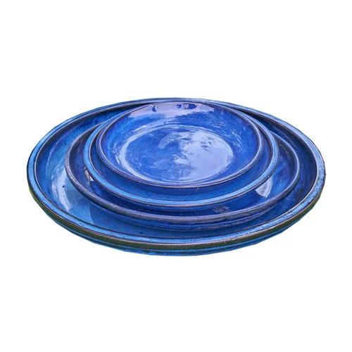 Sélection jardin：Soucoupe en terre cuite émaillée bleue Poterie du Bousquet Costa - Ø 32 x H 3,5 cm