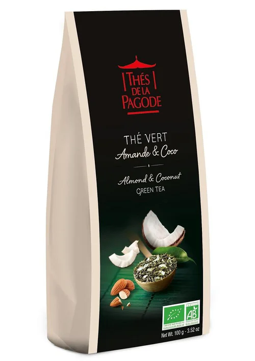 Pour votre confort en extérieur：Thé vert amande et coco bio Thés de la pagode - 100 g