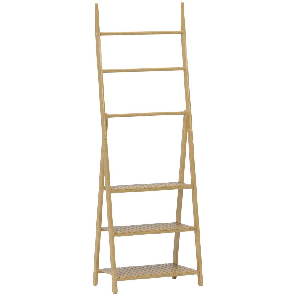 HOMCOM Porte serviettes pliable style cosy bambou verni 3 barres 3 étagères H.153cm