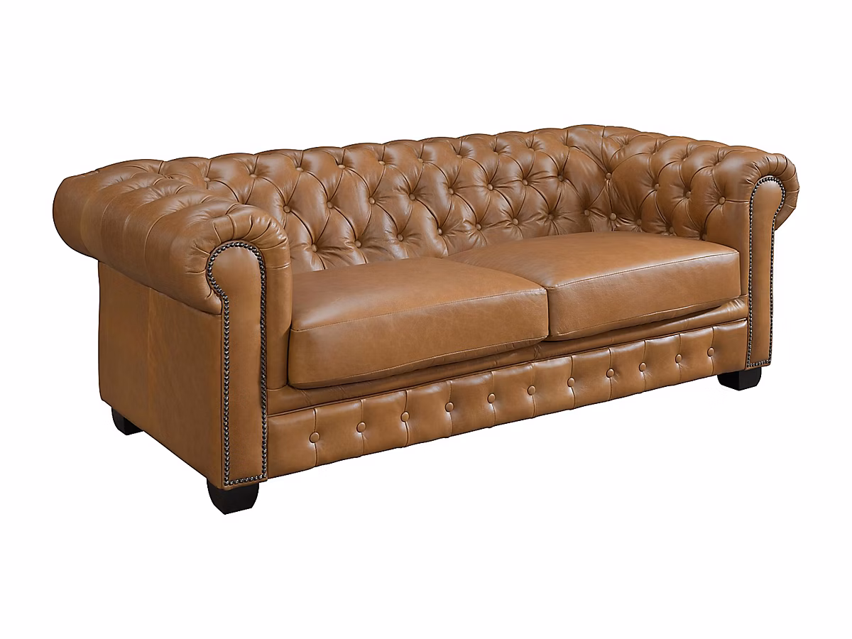 Canapé chesterfield 3 places BRENTON 100% cuir de buffle premium – Caramel vintage