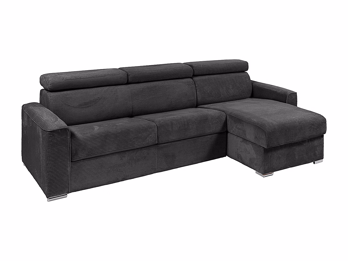 Canapé d'angle réversible convertible express en velours côtelé gris anthracite – Couchage à lattes larges 160 cm, Matelas 22 cm