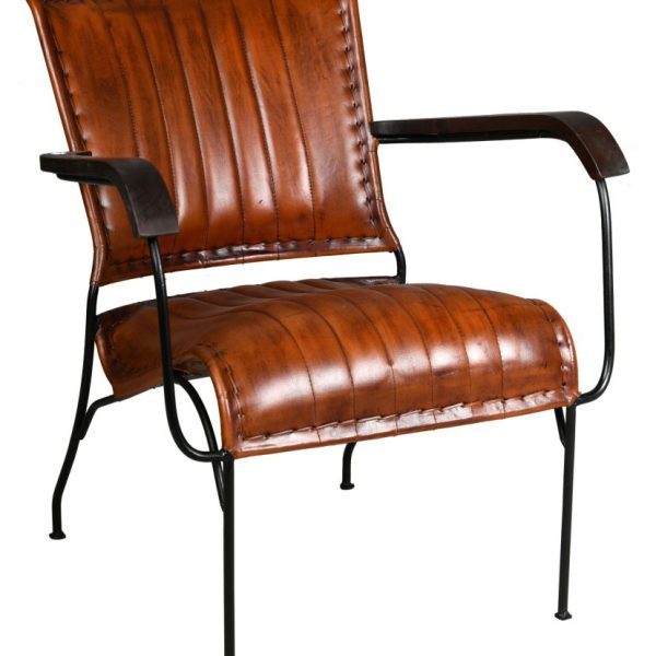 Fauteuil en cuir de buffle, métal et bois verni