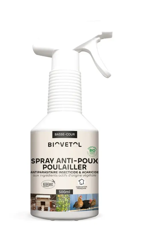 Le choix pour l’extérieur：Spray anti-poux bio pour poulailler Biovetol - 500 ml