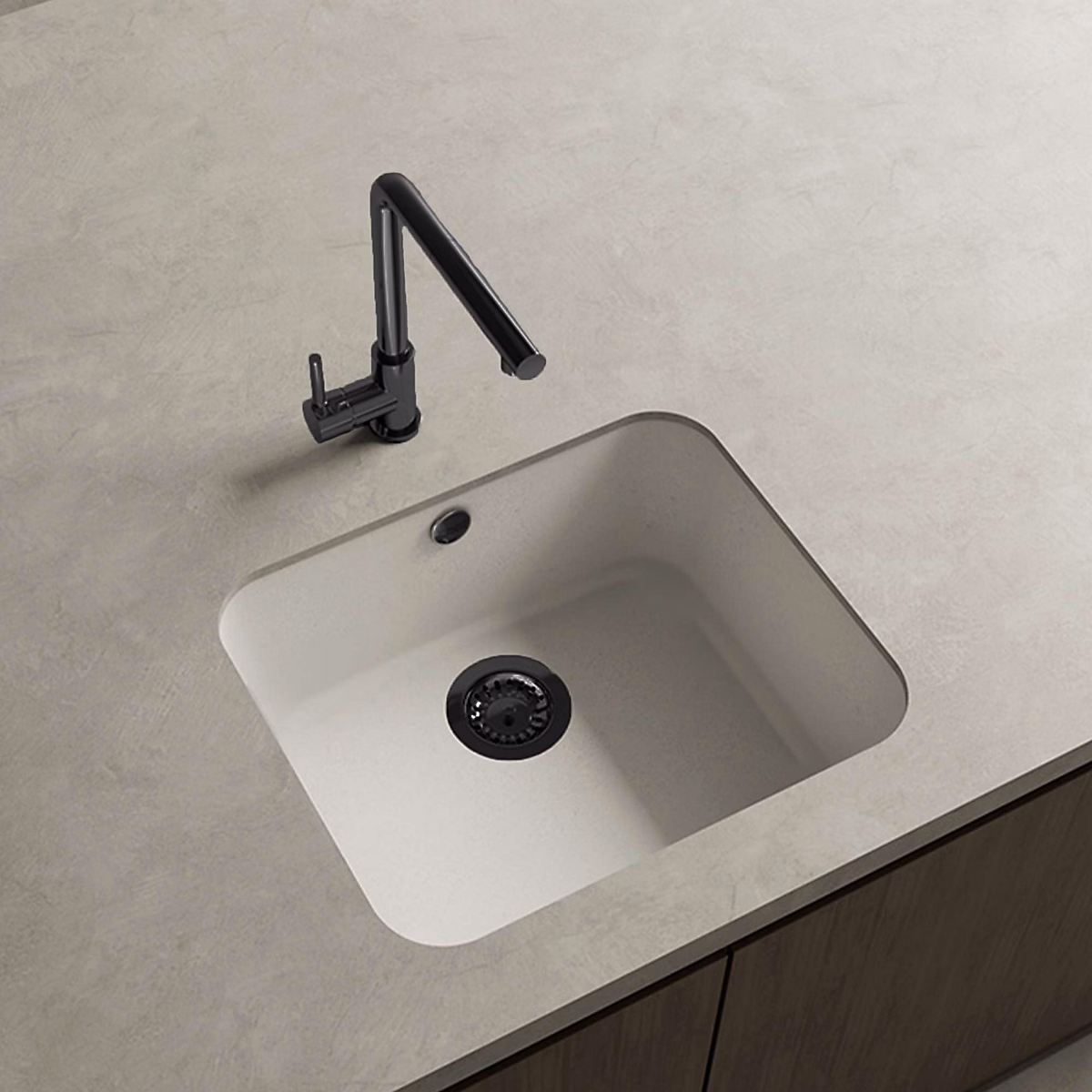 Cuve sous plan POALGI – GANDIA 194 | Granit | Blanc Snow | 54 cm | 1 bac bonde noire