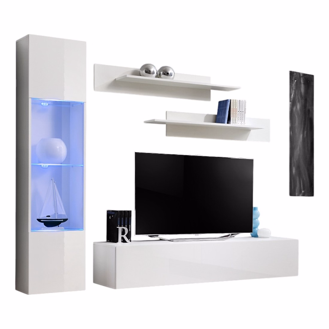 Meuble de salon – Composition murale FLY G3 Blanc brillant Meuble TV suspendu avec colonne vitrée LED et étagères Design moderne