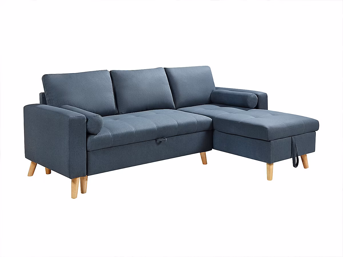 Canapé d'angle convertible et réversible en tissu bleu canard avec coffre de rangement KORI – Réf. JXATYEZVL1707707088