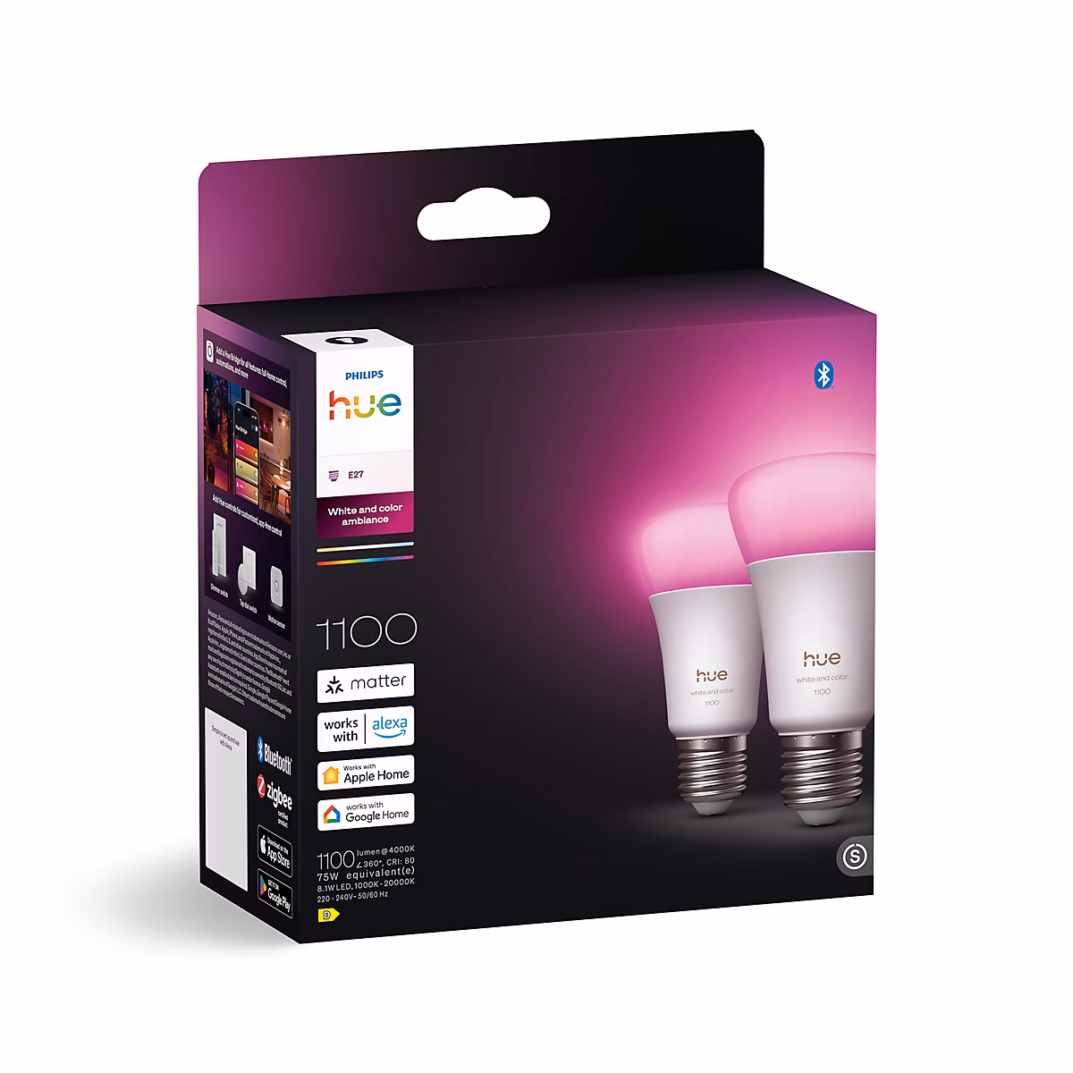 2 ampoules LED E27 dépoli connectées RVB blanc variable 1100 lm dimmable 8 – 1W Philips Hue