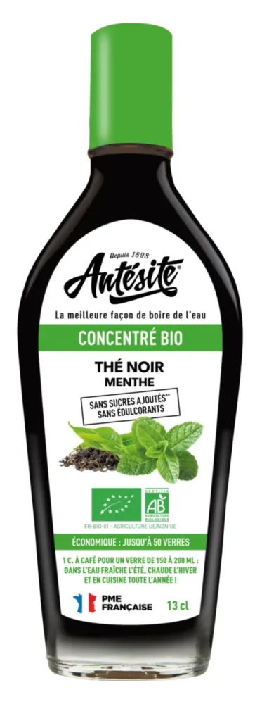 Idéal pour vos extérieurs：Concentré bio de thé noir menthe en bouteille - 13 cl
