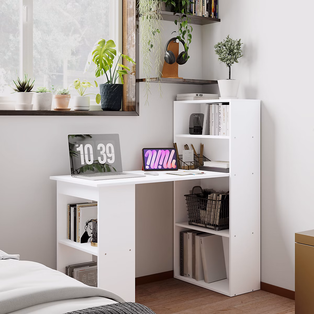 Bureau d'ordinateur – Table de travail avec étagère pour PC et laptop, rangement pratique, en contreplaqué, Blanc, 120 × 55 × 120 cm