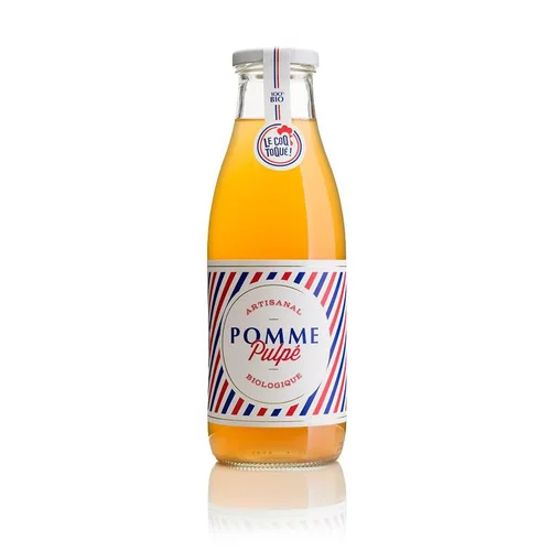 Pour votre confort au jardin：Jus de pomme pulpé bio. La bouteille de 75 cl