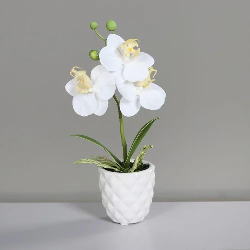 Pour plus de praticité à l’extérieur：Orchidée artificielle blanche avec pot en céramique crème – 25 cm