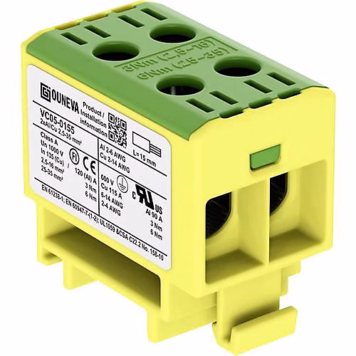 Bloc de distribution 1 pôle jaune-vert VC05-0155 – raccord à vis, 135 A, 1000 V