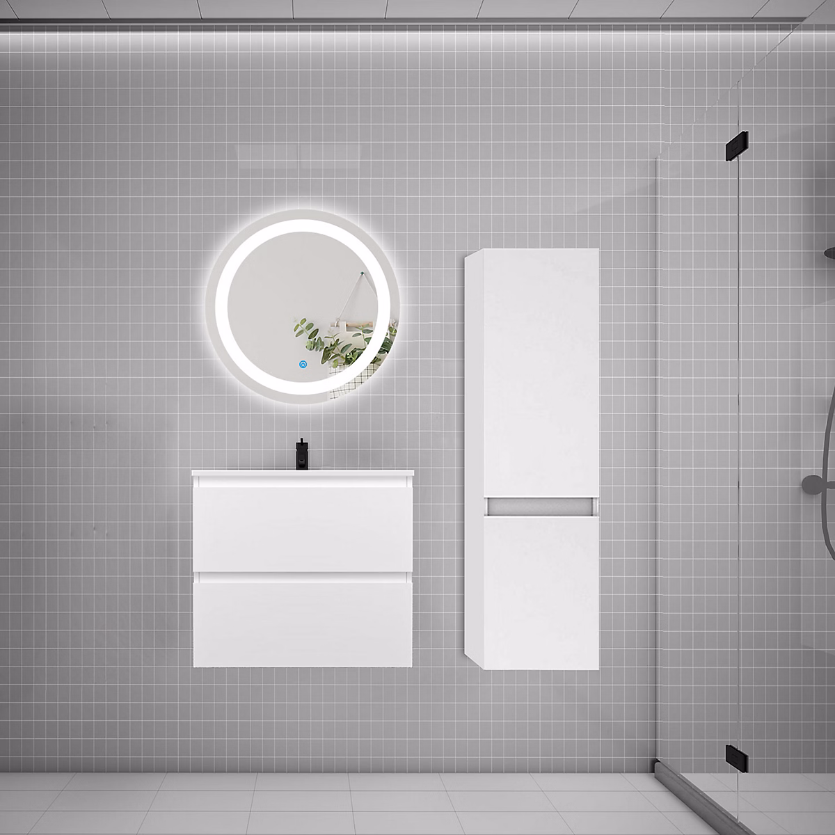 Ensemble meuble vasque L.60cm 2 tiroirs + lavabo + LED miroir rond 60cm + colonne – blanc easy