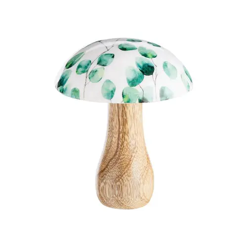 Sélection extérieur:Champignon décoratif rond à poser avec pied en bois et chapeau vert et blanc - Ø 10 x H 13 cm