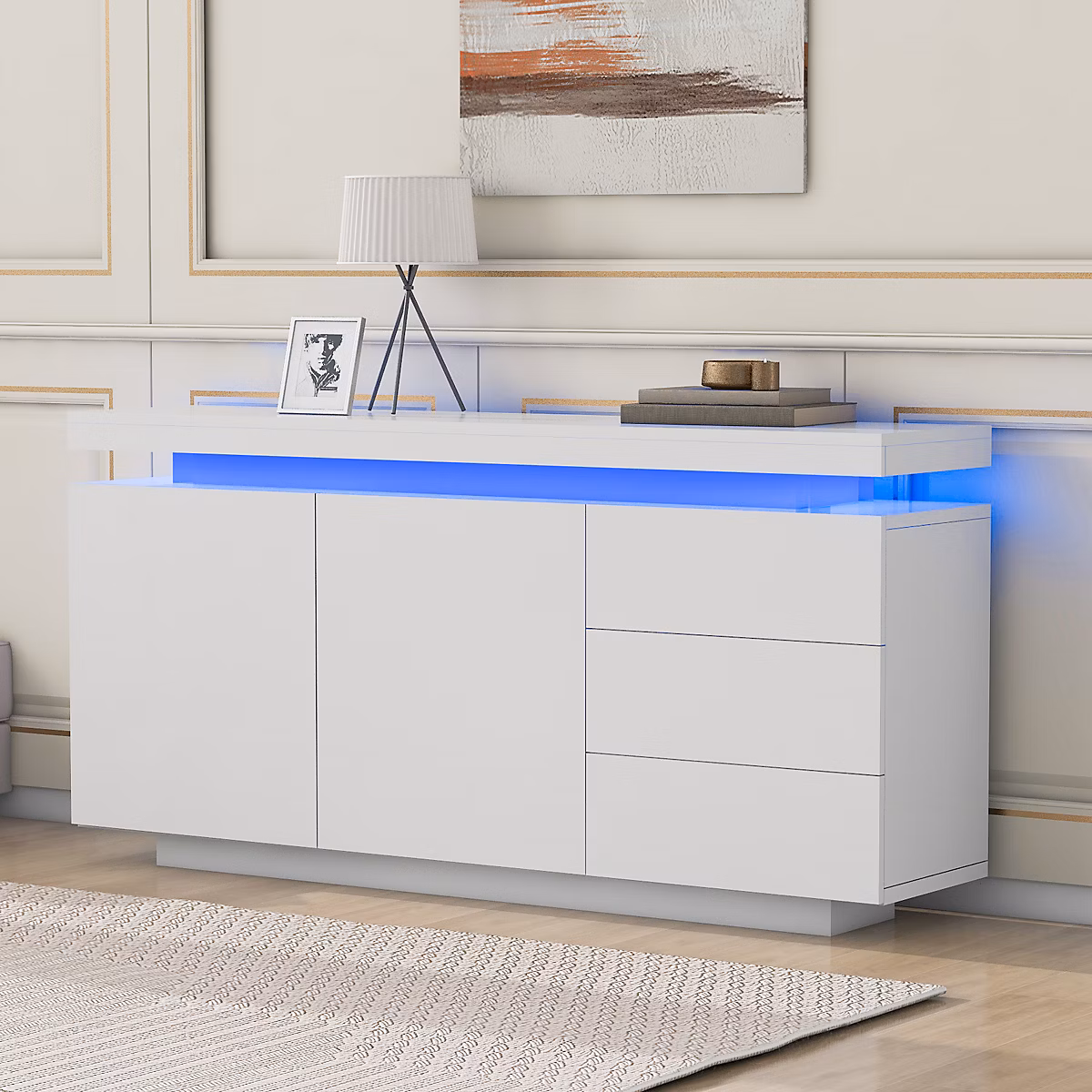 Buffet Bas LED avec 3 Tiroirs et 2 Portes – Meuble de Rangement Moderne Sans Poignées MDF, Blanc, 140 × 38 × 72 cm