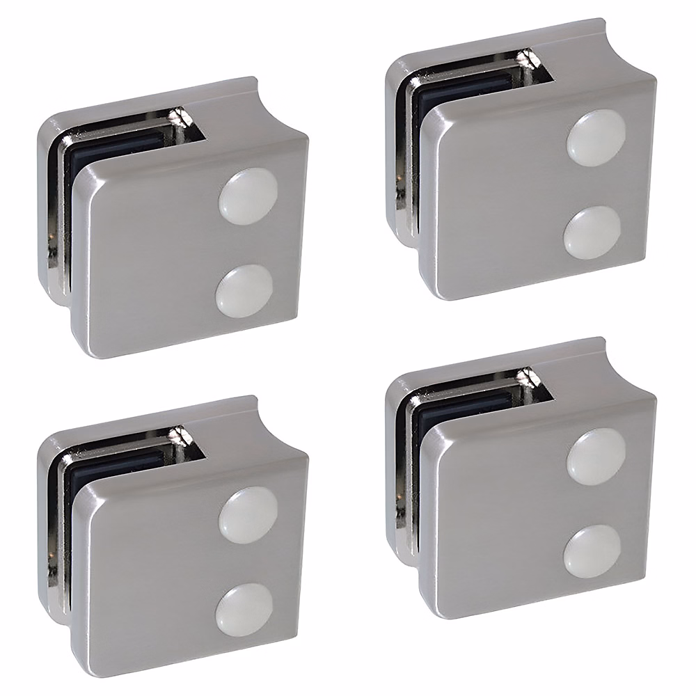 4 x Pince à verre pour tube diam. 42 – 4 modèle 01, Ep. verre 8 mm, Zamak aspect inox brossé