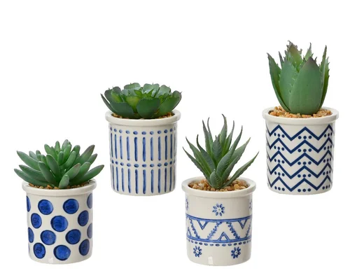Idée jardin:Succulente artificielle verte dans cache-pot en bleu - Ø 5,5 x H 9 cm