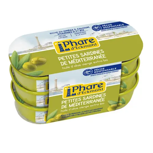 Vie extérieure：Petites sardines à l’huile d’olive en boite aluminium x 3 Phare d’Eckmühl - 3 x 55 g
