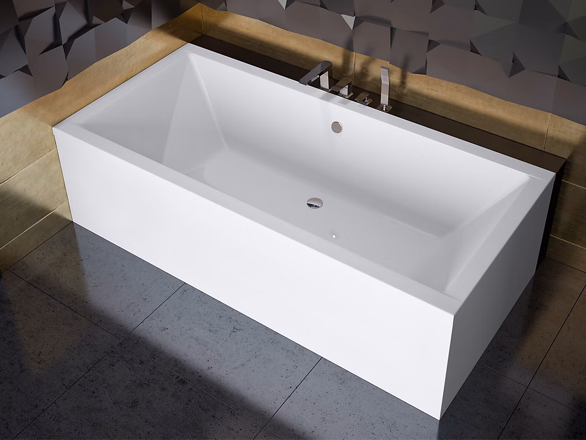 Baignoire rectangulaire 190 x 90 QUADRO acrylique blanc + avec Tablier + Pieds + Vidage à chromé | Baignoire