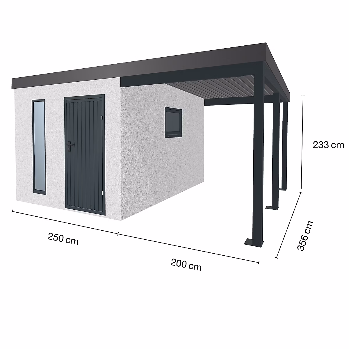 Abri de jardin en métal finition crépi 2500 × 3560 mm blanc avec auvent à droite 2000 × 3560 mm anthracite