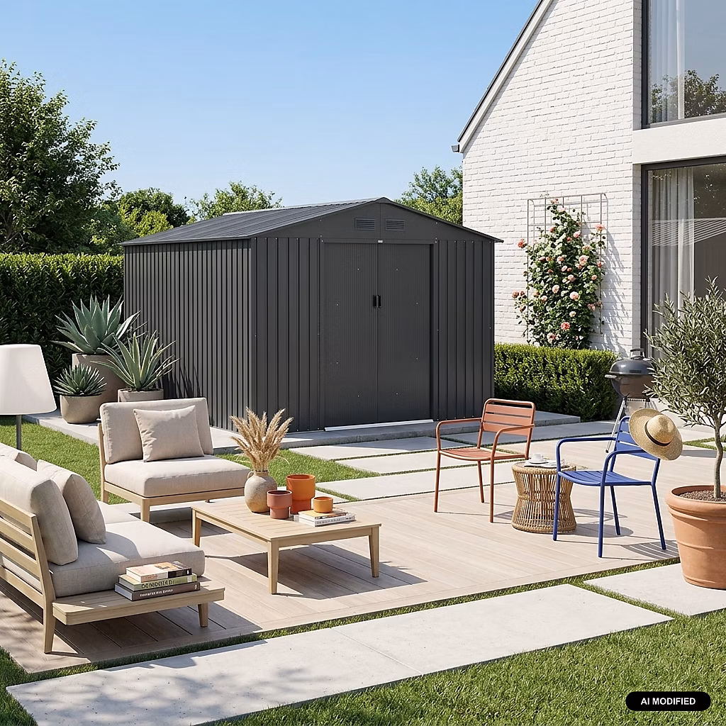 Abri de jardin en métal – FLANDRES 8.84m² gris anthracite, Cabane à outils avec deux grandes portes coulissantes. kit de fixation
