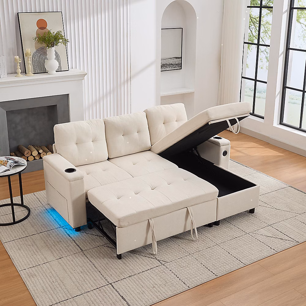 Canapé – lit trois places convertible en L avec rangement et bande LED, 208x146x89, 5cm, beige