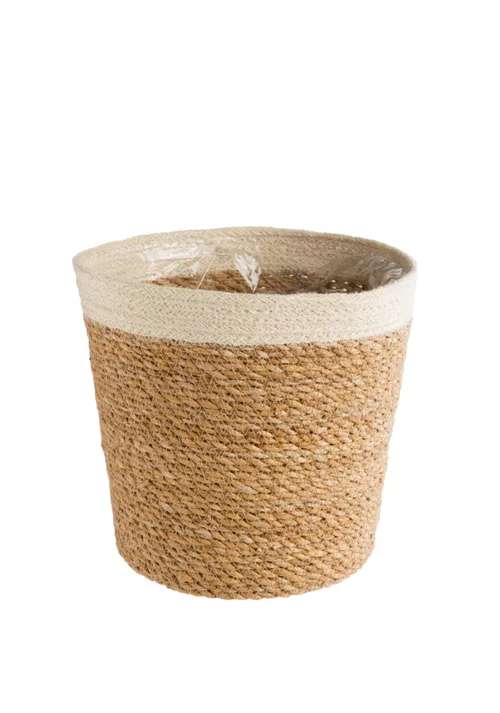 Sélection jardin：Cache-pot vannerie naturelle avec rebord blanc coloris beige - 24 x 22,5 x 18 cm
