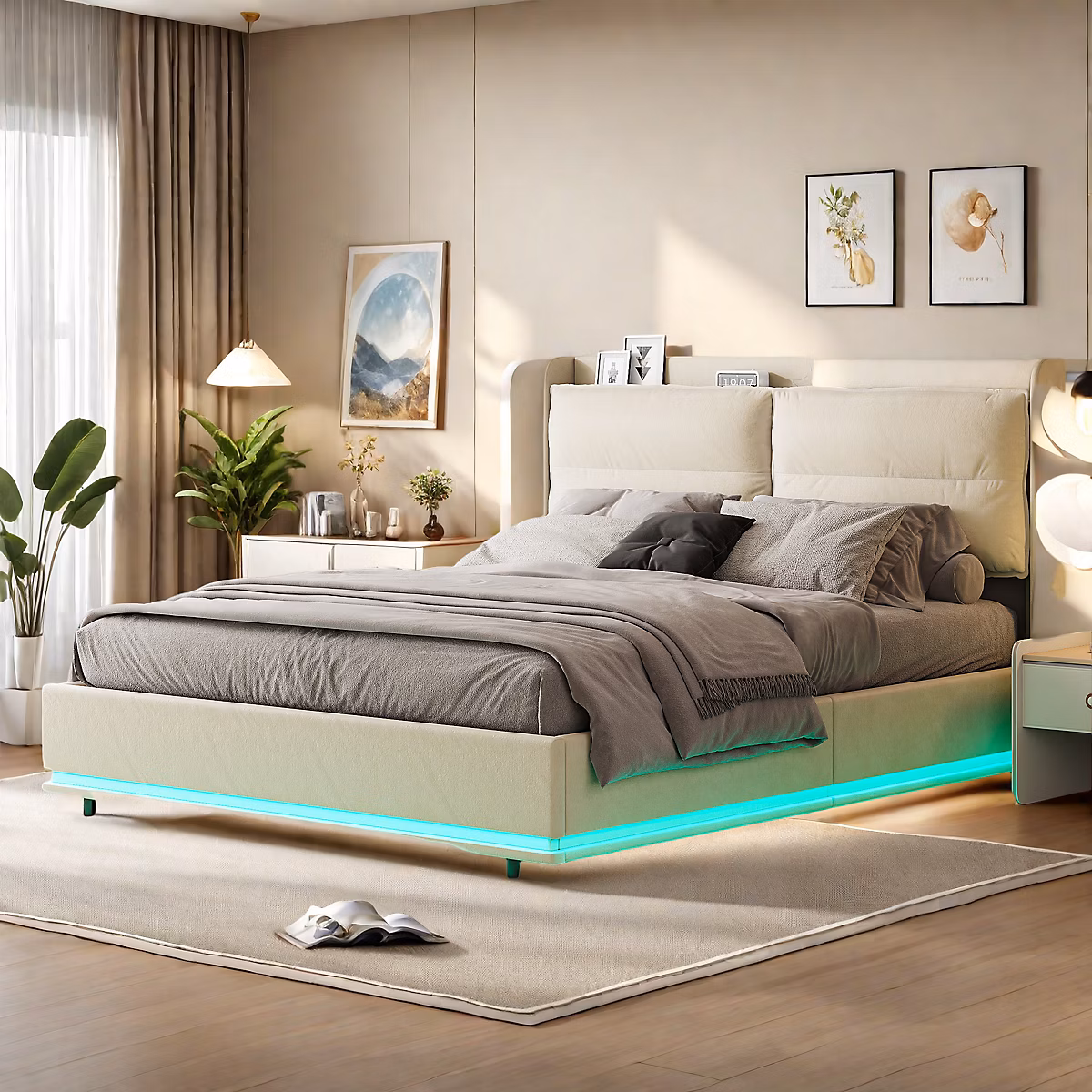 Cadre de lit double 140 × 200 cm en velours blanc cassé avec LED intégrées | lattes en bois – rangement hydraulique et USB