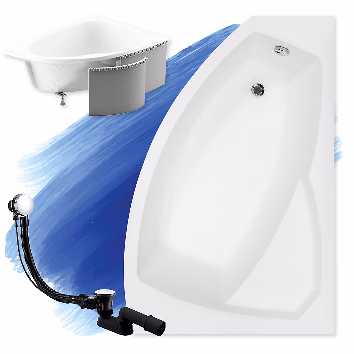 Baignoire asymétrique 170 x 110 Droite RIMA acrylique blanc + Habillage en polystyrène + Pieds + Vidage à chromé | Baignoire