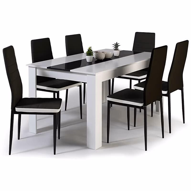 Ensemble Table à Manger 140 cm et 6 Chaises Noires avec Liseré Blanc pour Salon et Salle à Manger | Table
