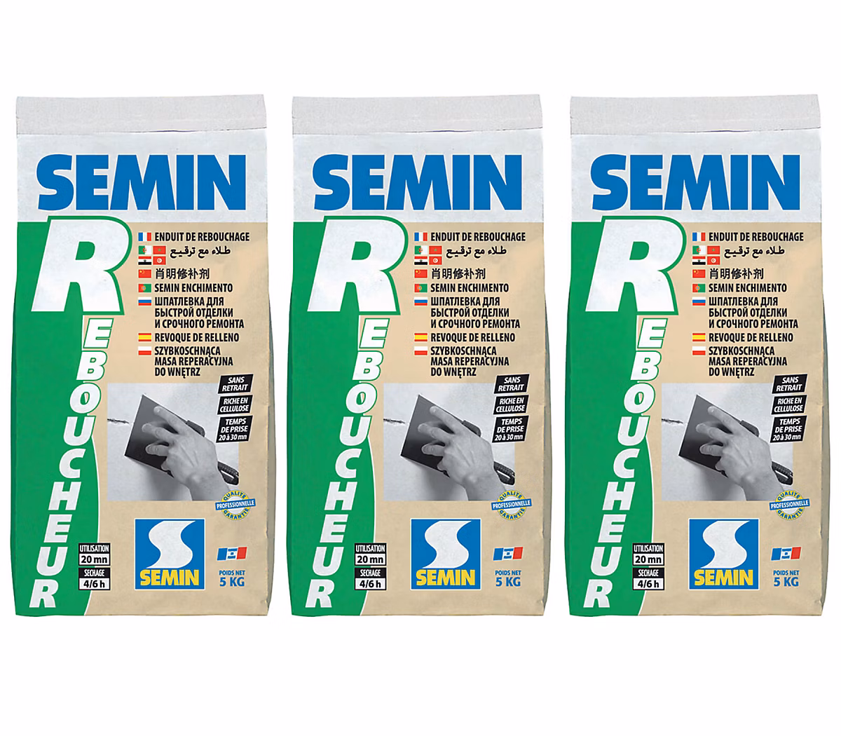 Enduit de Rebouchage Semin R – Intérieur, Poudre, Sac 5 kg (lot de 3)