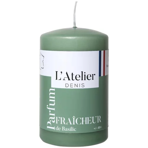 Extérieur malin：Bougie cylindrique taille S vert parfum fraîcheur basilic L’Atelier de Denis - Ø 6,8 x H 11 cm