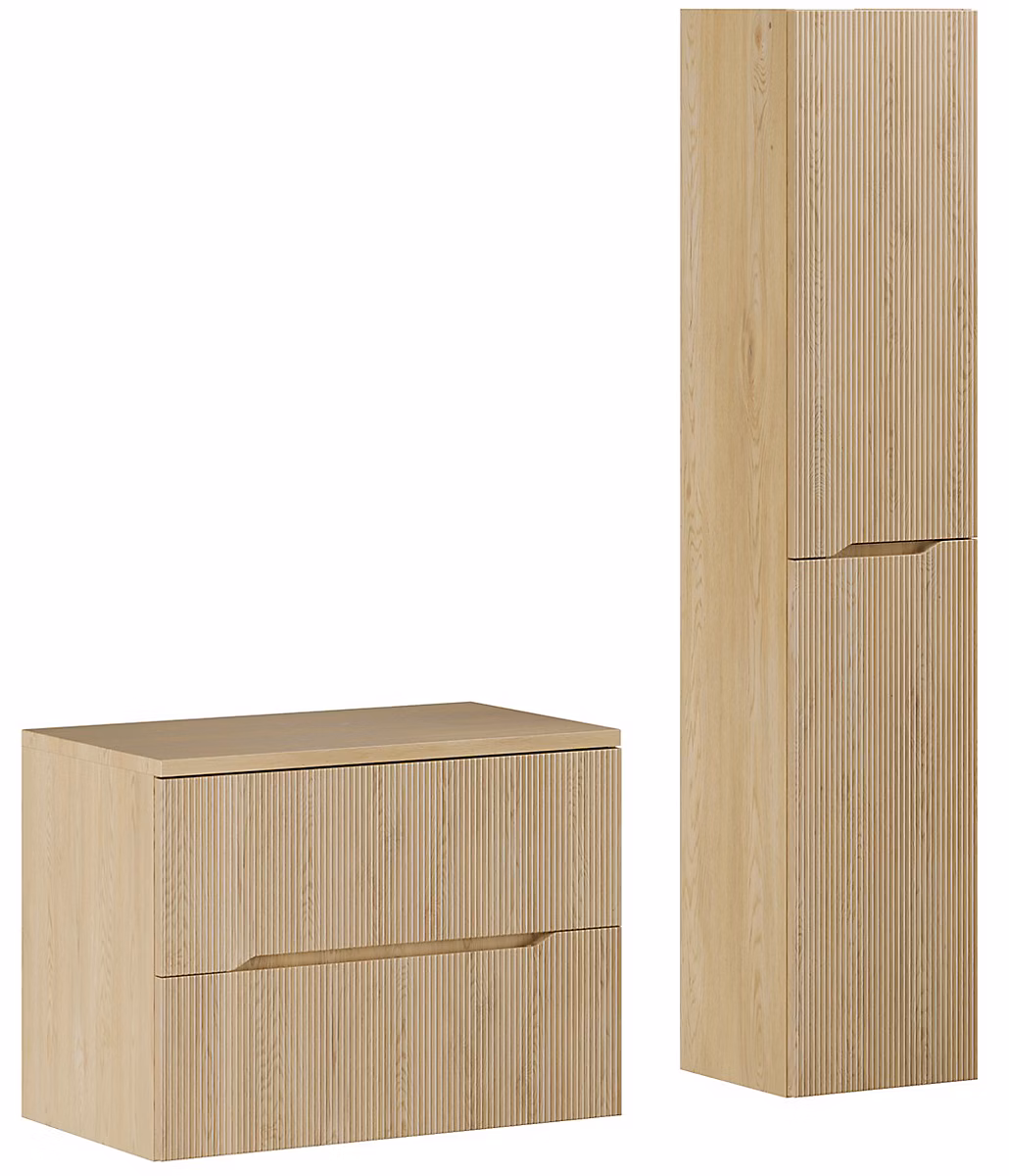 Ensemble NORDIC chêne meuble suspendu sous vasque avec plan 80 cm et colonne 35 × 170 cm