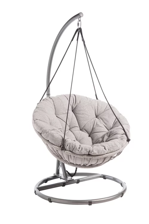 Le petit plus du jardin:Chaise suspendue en acier anthracite et coussin gris clair Ovo - Ø 105 x H 196 cm