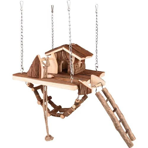 Bien au jardin：Jouet pour rongeur en bois maison avec pont suspendu Flamingo Pure Home Milly – 21,5 x 21,5 x 24,5 cm
