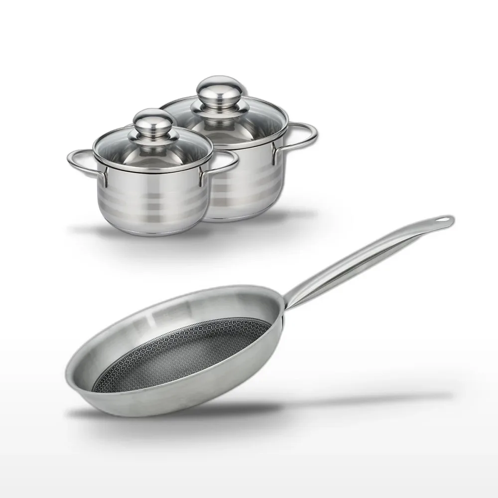 Matériel de cuisson – Batterie de cuisine avec 1 poêle de cuisson 28 cm et 2 faitouts 16/14 cm en inox sans PFAS Elo Collection Relief Solution Brillant