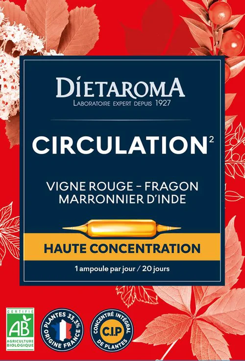 Pour mieux organiser vos extérieurs：Complément alimentaire vigne rouge, fragon, marronnier d'Inde CIP bio Dietaroma circulation - 20 ampoules x 10 ml