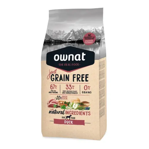 Pour plus de praticité au jardin:Croquette pour chien adulte Just Grain Free sans céréale au canard Ownat - 3 kg