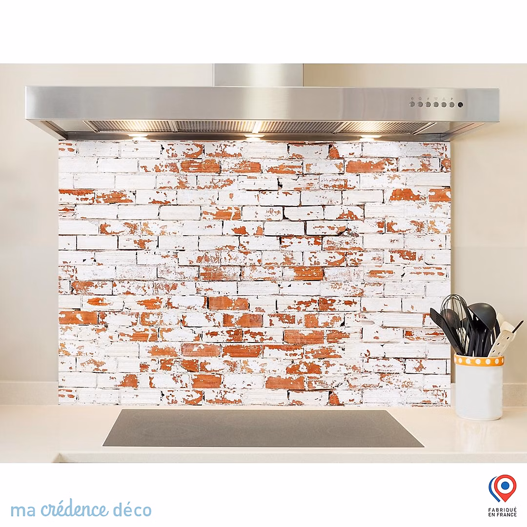 Crédence cuisine fond de hotte Mur briques rouges et blanches | Alu composite – L 90 cm x H 70 cm – MaCrédenceDéco