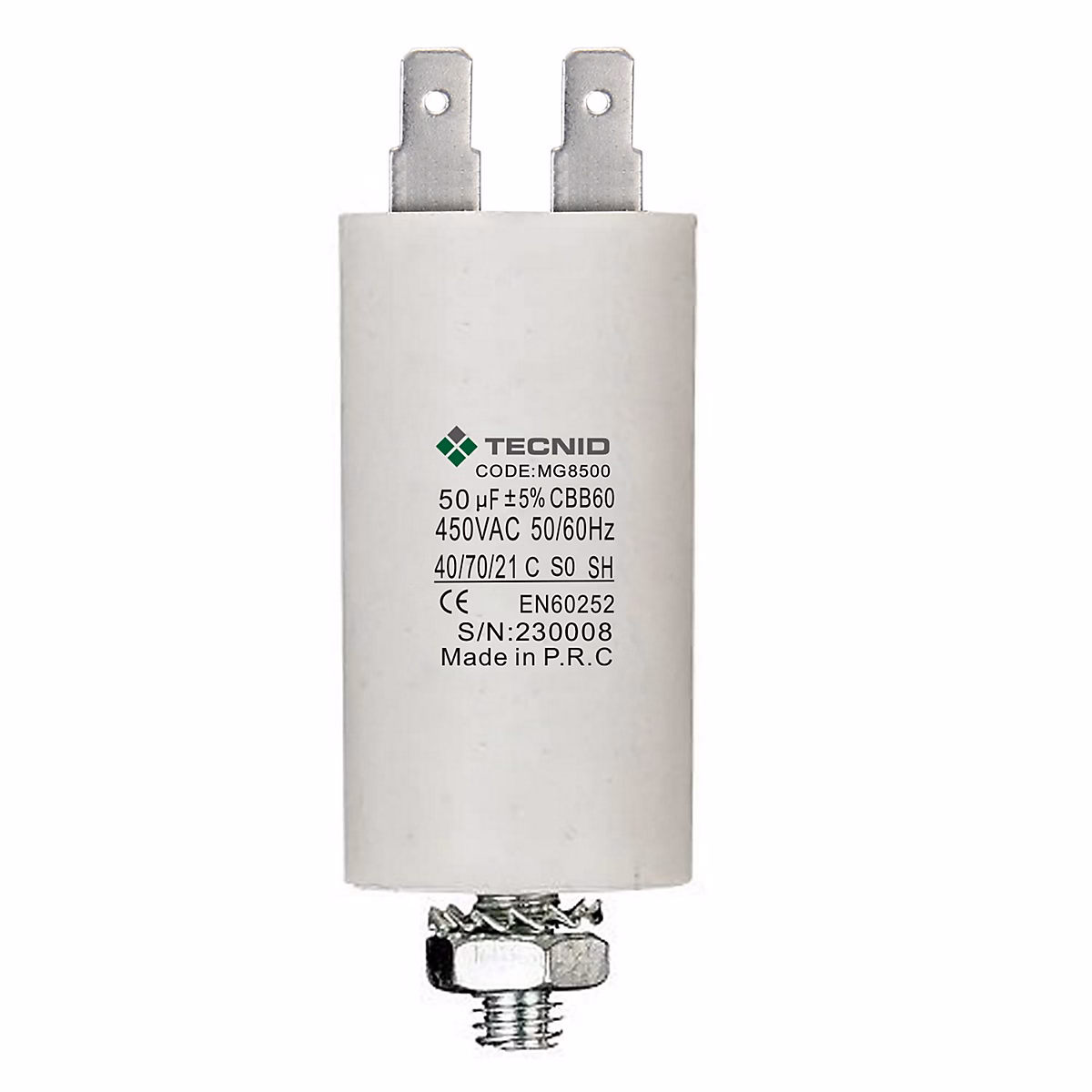 Condensateur de démarrage pour moteurs électriques – 450V, capacité : 50 microfarad, 4 broches / M8