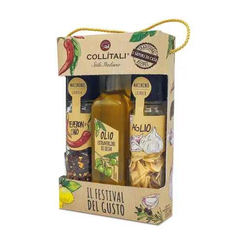 Sélection pour vos extérieurs：Coffret de 3 condiments piment, ail et huile d’olive Collitali - les 3 pièces
