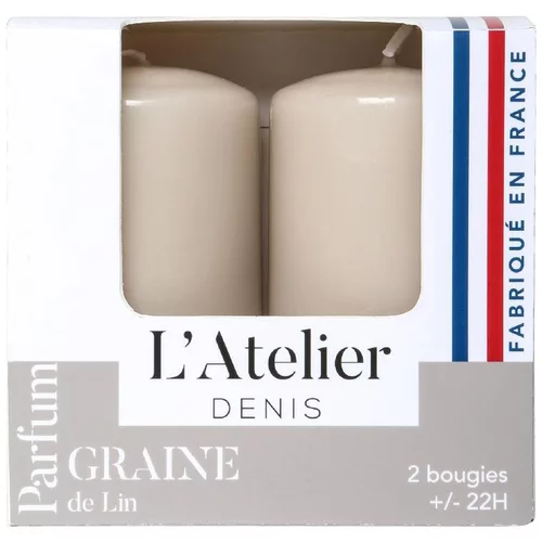 Pour votre espace vert:Bougies cylindriques beige parfum lin L’Atelier de Denis - L’étui de 2