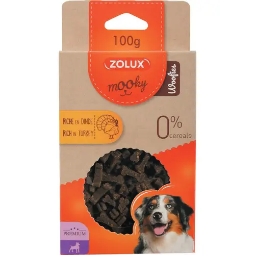 Idée simple：Friandises pour chien à la dinde Zolux Mooky Premium Woofies - Étui de 100 g