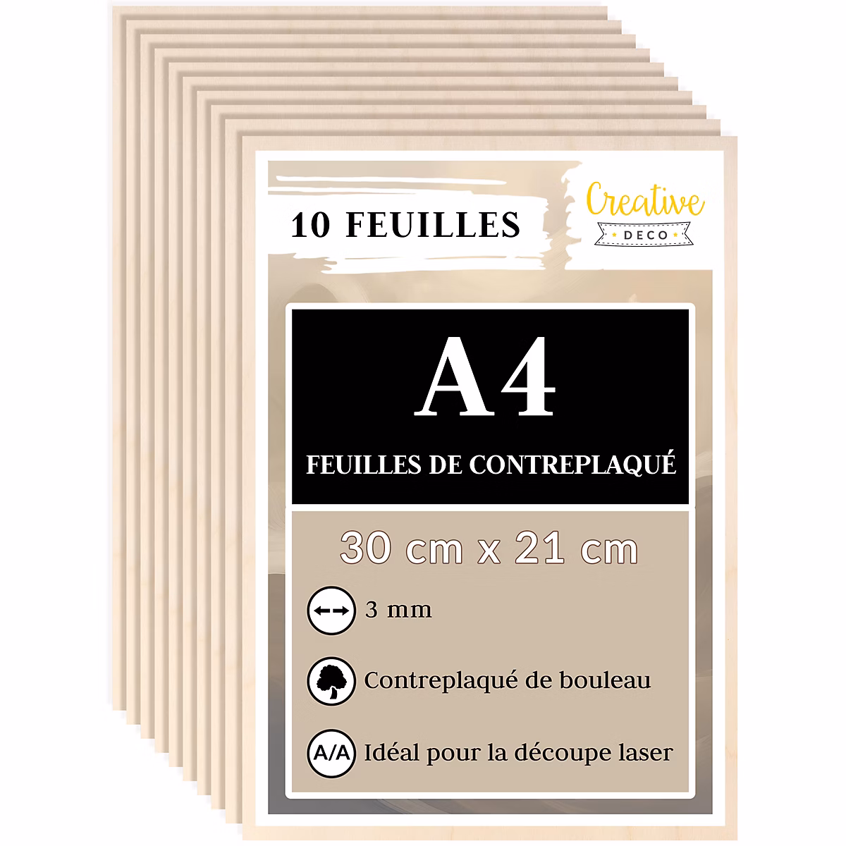 Creative Deco 10 x A4 Contreplaqué 300 × 210 × 3mm (+/-0 – 5mm), Bouleau Brut, Panneau Découpe Laser, Gravure, Cricut, Maquette