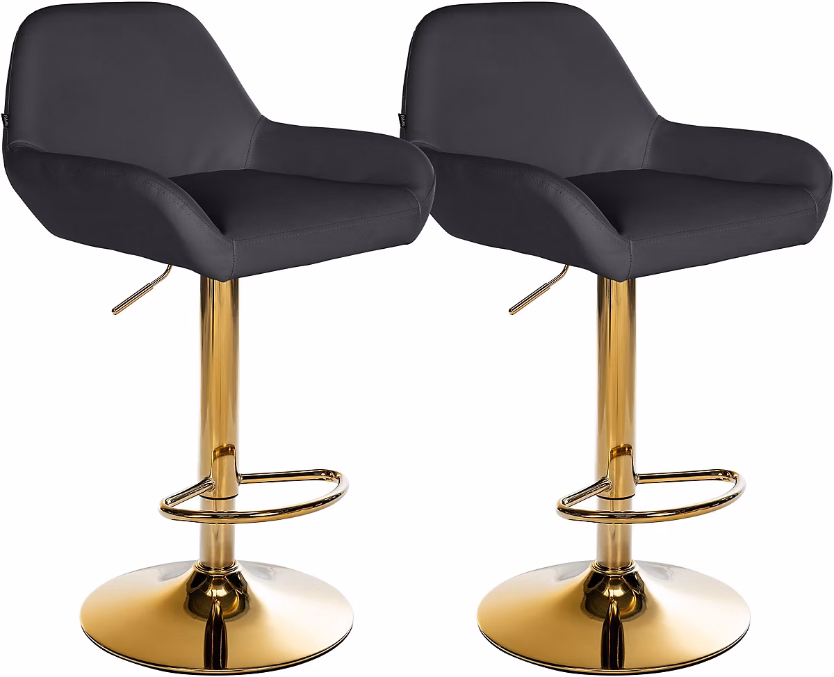 Ensemble de 2 tabourets de bar Braga en simili cuir – structure dorée, réglable en hauteur, pivotant 360, repose-pieds Noir