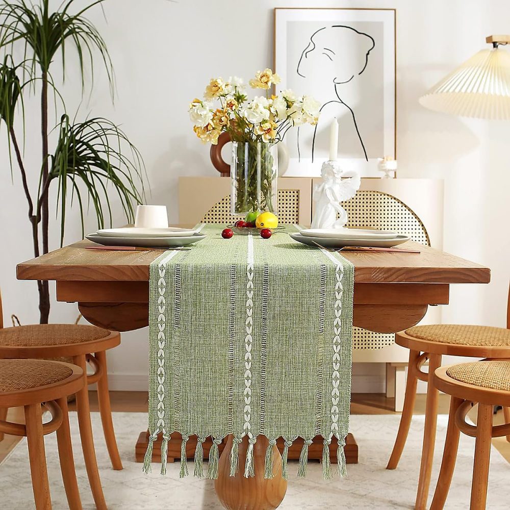 Chemin de Table Bohème Coton et Lin 33 × 230 cm Vert