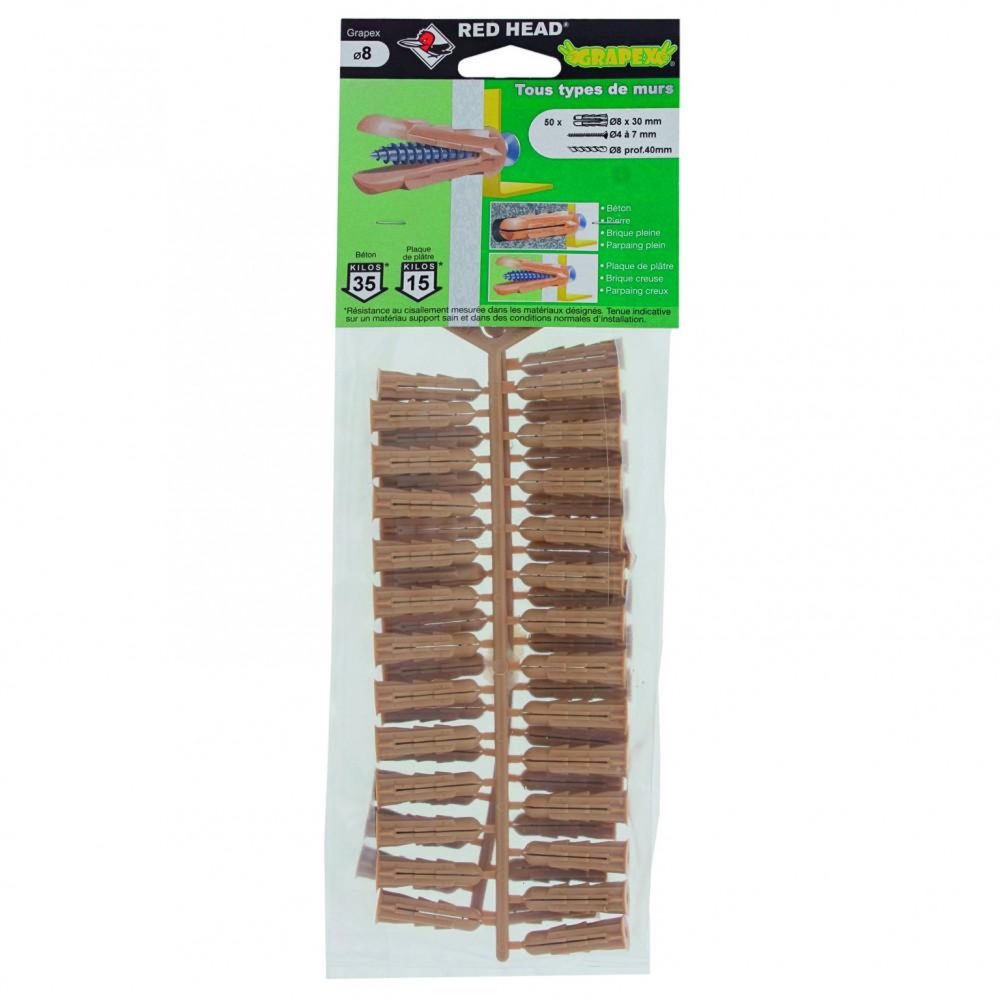 RED HEAD Lot de 50 chevilles à expansion grapex RED HEAD, Diam.8 x L.32 mm – Matériel de jardin