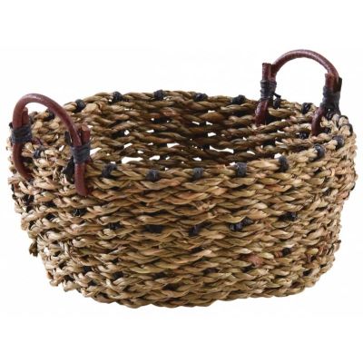 Corbeille ronde en jonc avec anses en cuir (14 cm)